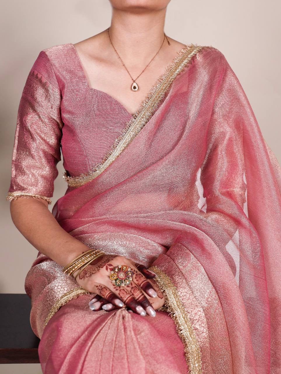 VANDANA — Shimmer Tissue Saree x Gold Lace Border