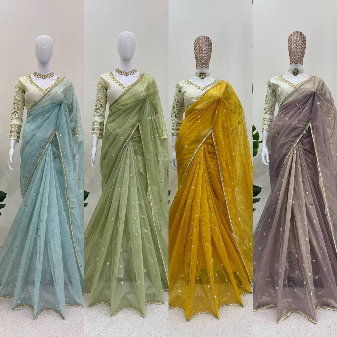 ROSHANA - Shimmer Georgette Net Saree x Readymade White Blouse