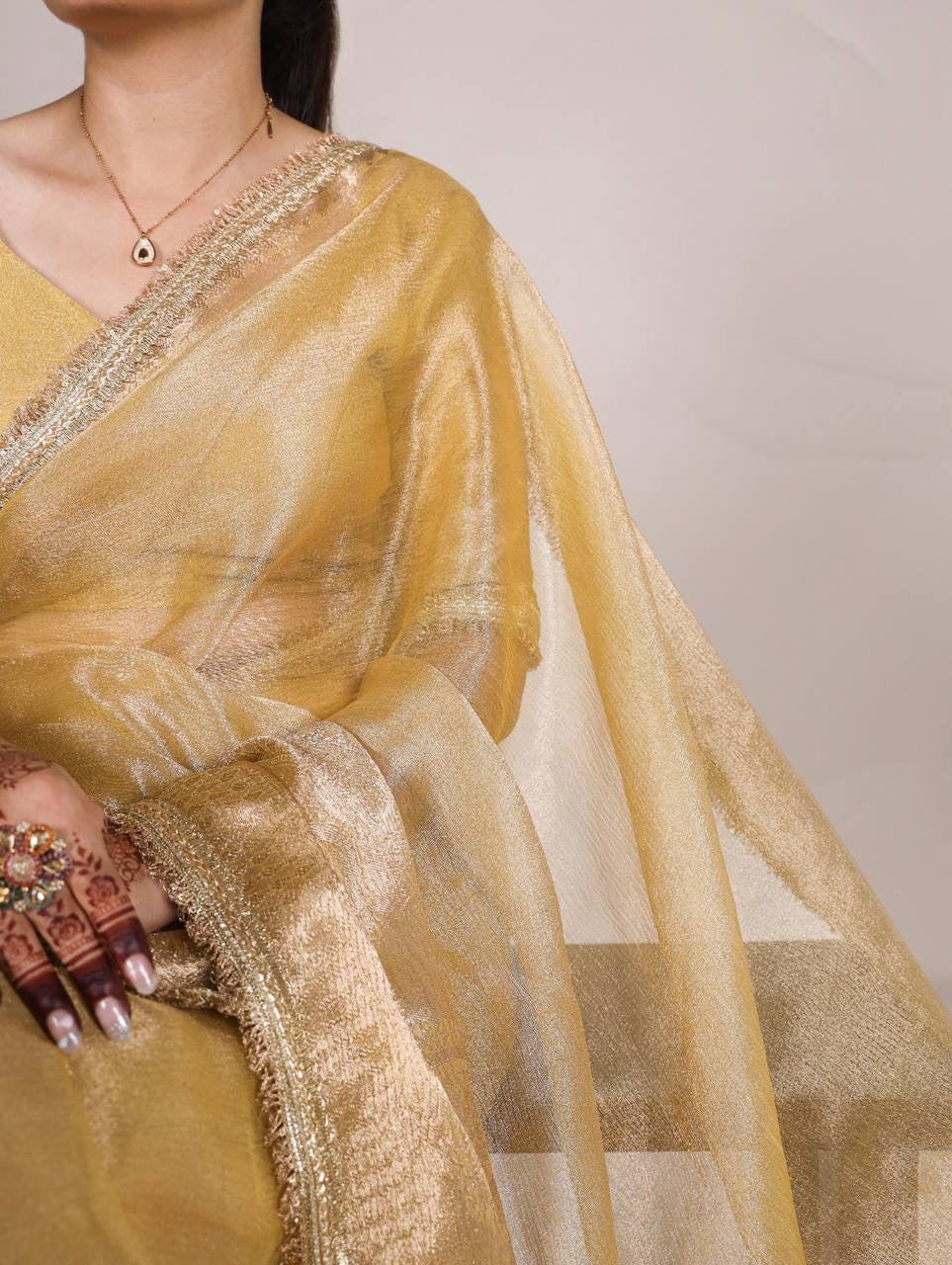 VANDANA — Shimmer Tissue Saree x Gold Lace Border