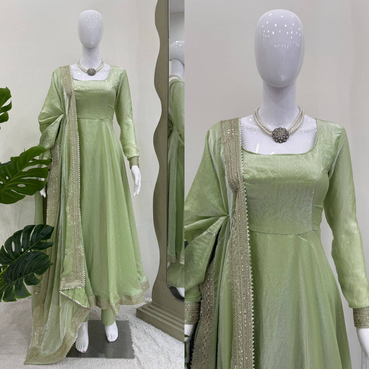 Pastel Shimmer Green Anarkali Suit