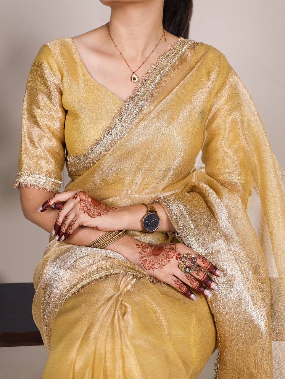 VANDANA — Shimmer Tissue Saree x Gold Lace Border