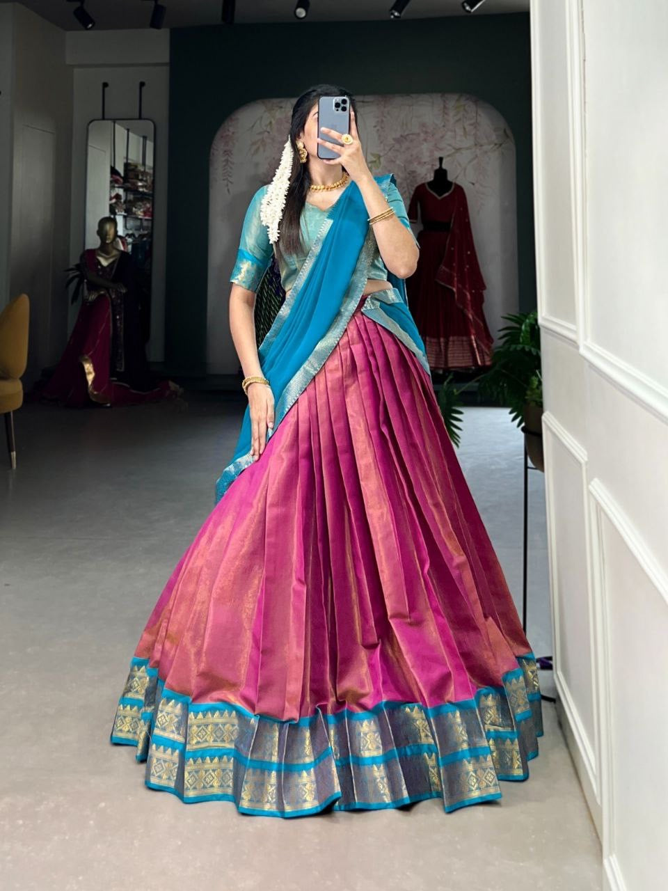 DIVYAA - Kanchi Cotton Silk Half Saree Lehenga