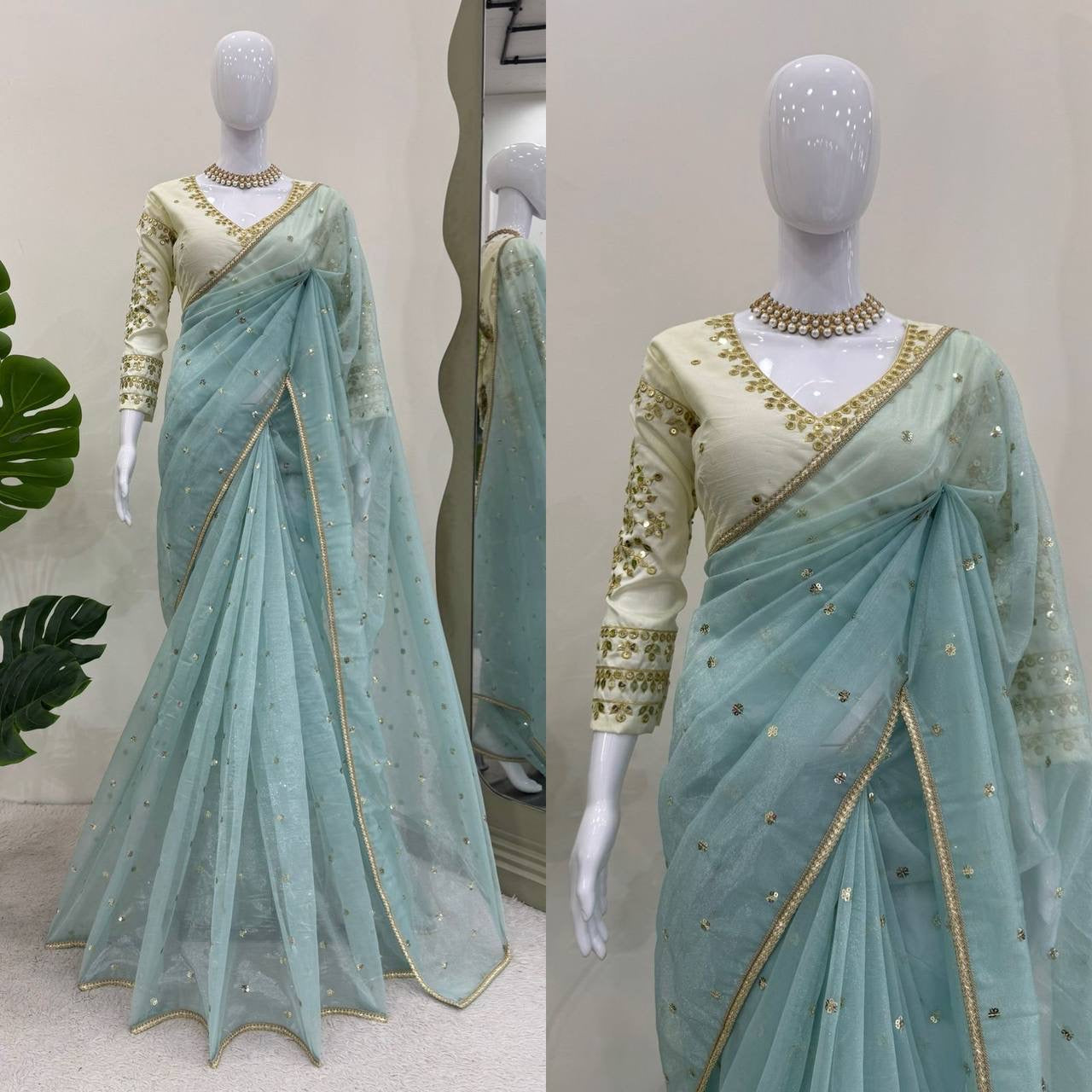 ROSHANA - Shimmer Georgette Net Saree x Readymade White Blouse