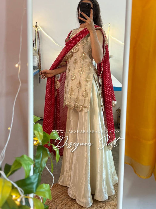 Laksharaa Sarees RESMA - Chinnon Designer Suit Off-White with Red Dupatta Full View