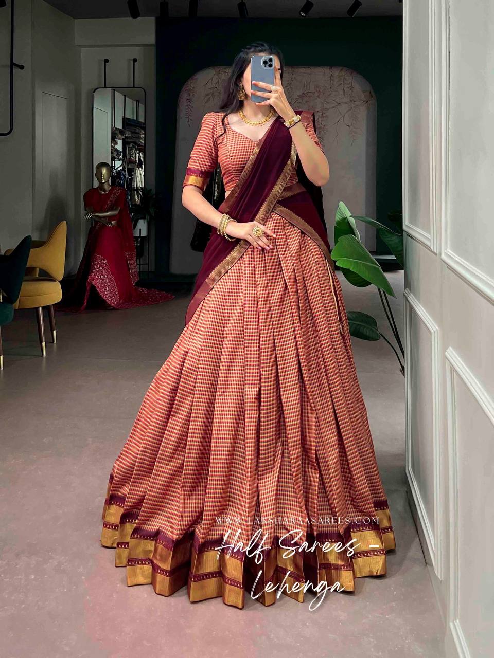 Laksharaa Sarees VENBA South Special Kanchi Cotton Half Saree Lehenga Burgundy and Cream Front View with Hand on Hip
