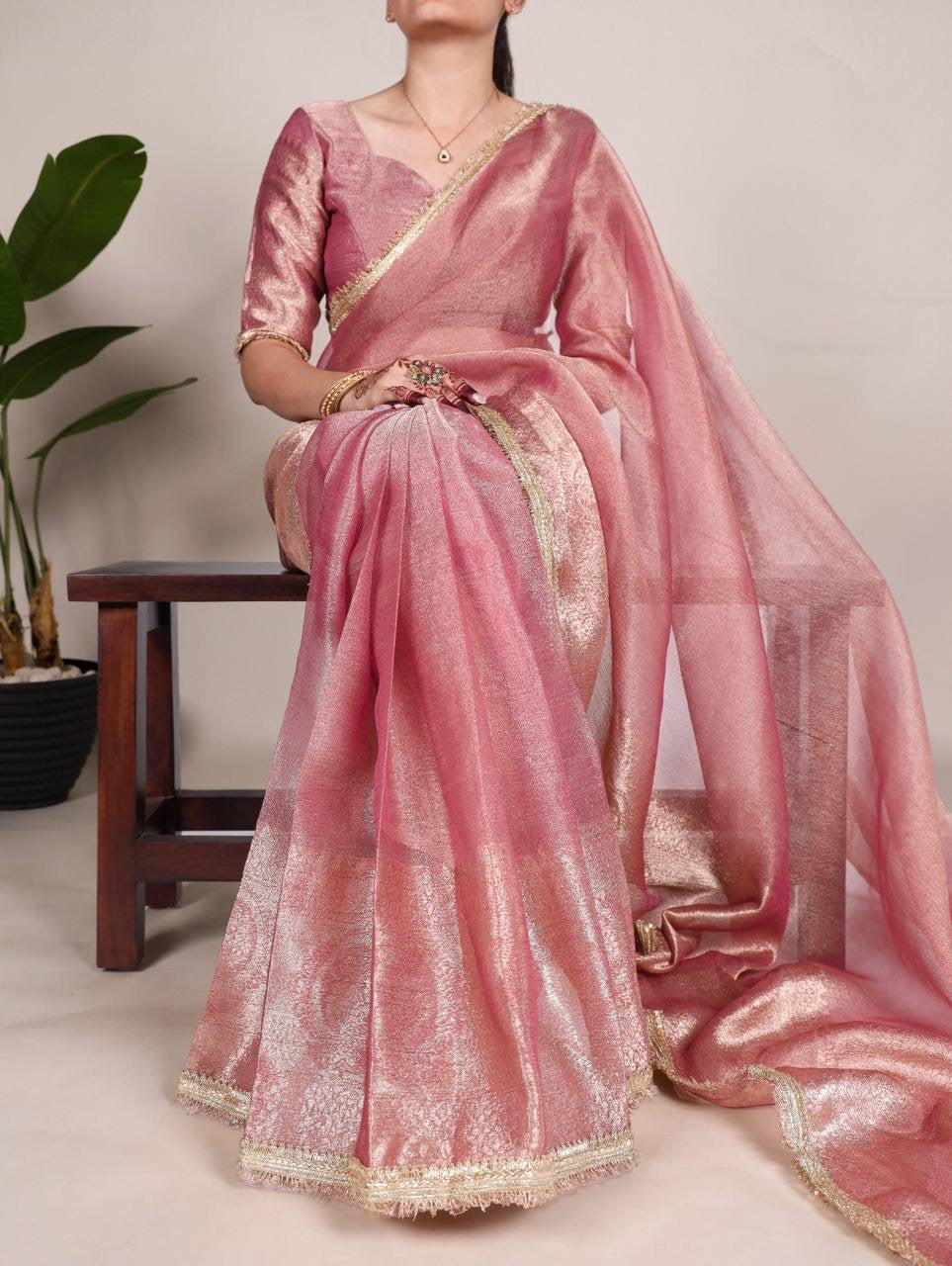 VANDANA — Shimmer Tissue Saree x Gold Lace Border