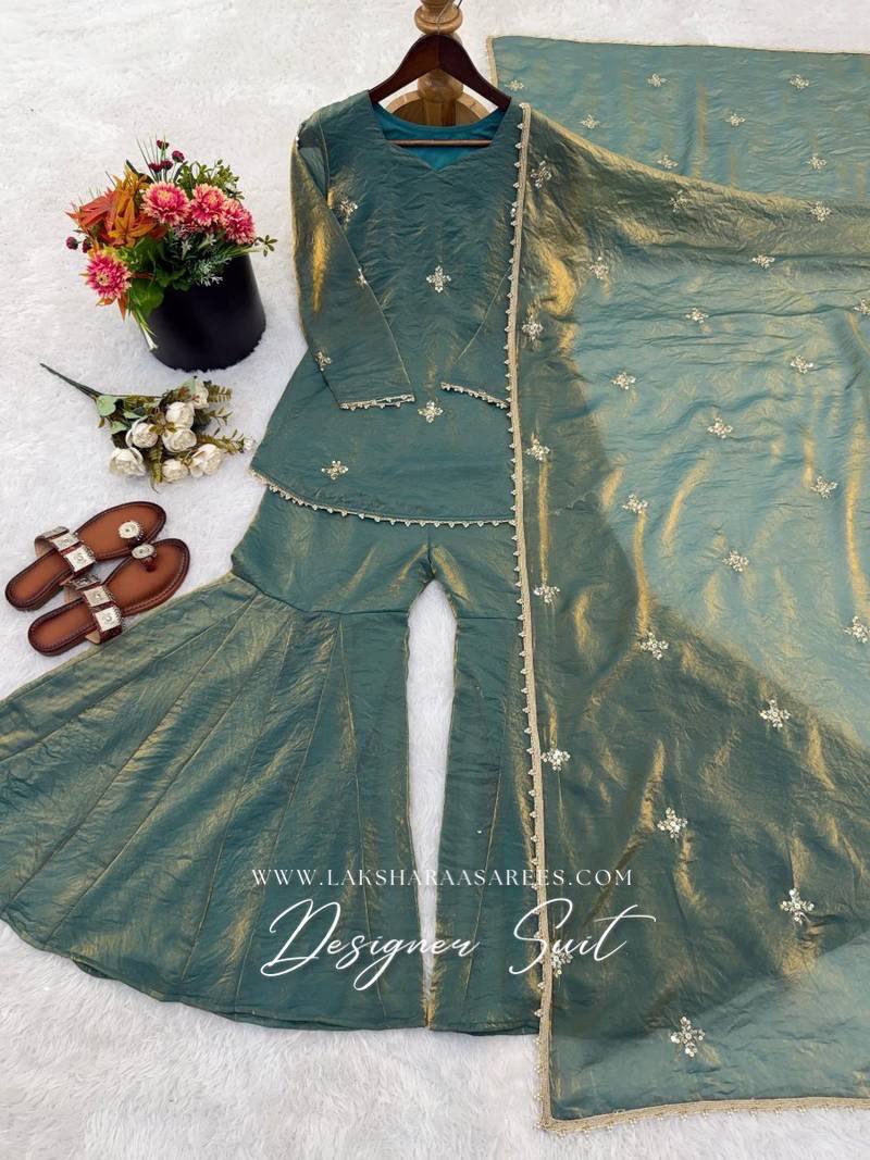 Laksharaa Sarees DEONA β Shimmer Silk Corset Back Sharara Suit Teal Flat Lay