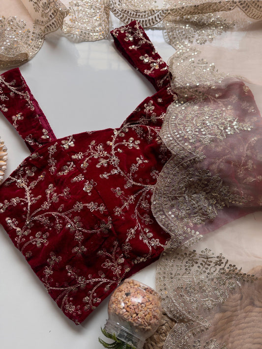 ALICIA — Pretty Peach X Red Shimmer Tissue Saree with Embroidered Blouse