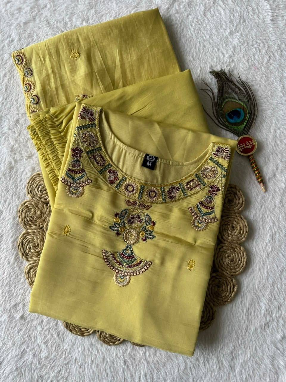 Laksharaa Sarees Festive Special mul Chanderi Kurti Set Pale Yellow folded with accessories