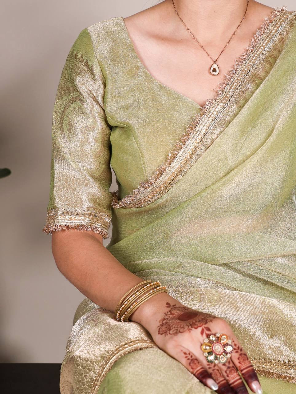 VANDANA — Shimmer Tissue Saree x Gold Lace Border