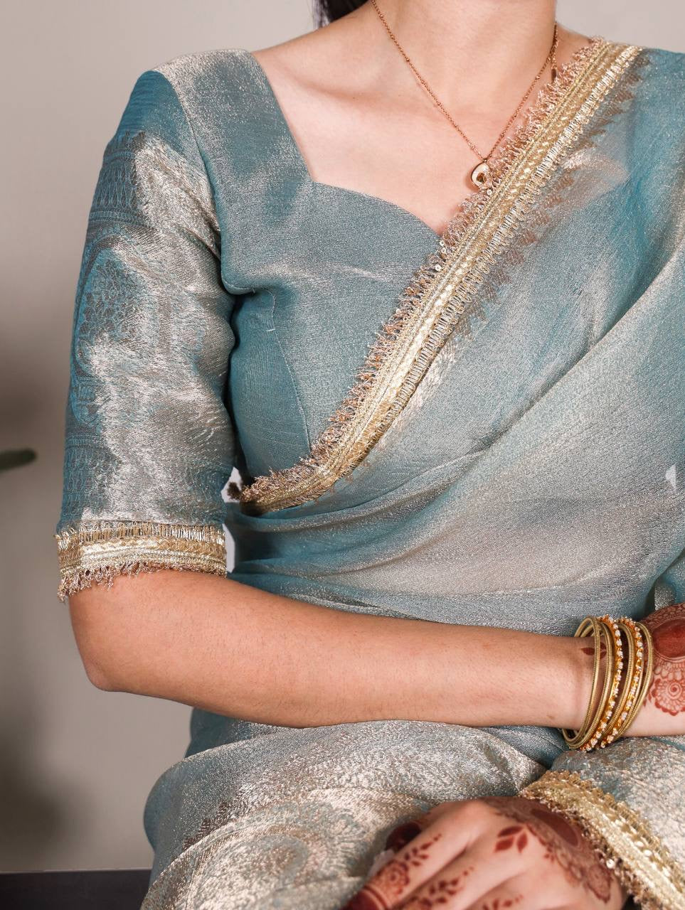 VANDANA — Shimmer Tissue Saree x Gold Lace Border