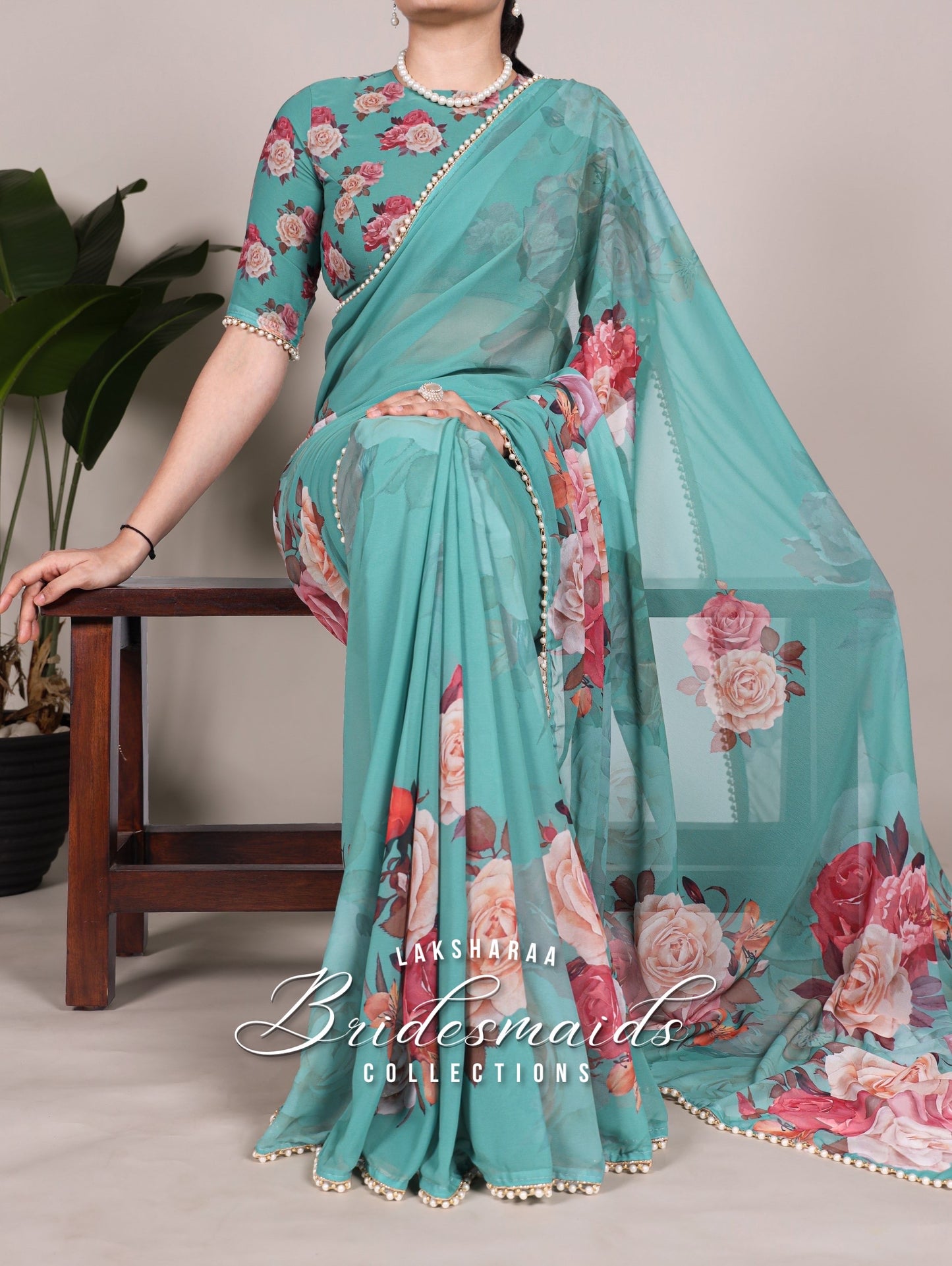 Partywear Floral Pearl Georgette Saree x Pearl Border