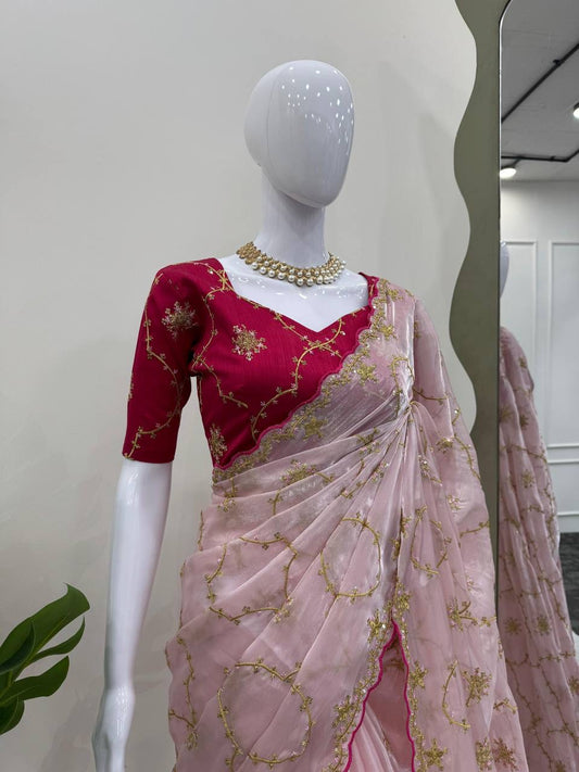 GISHA — Baby Pink Shimmer Saree x contrast blouse
