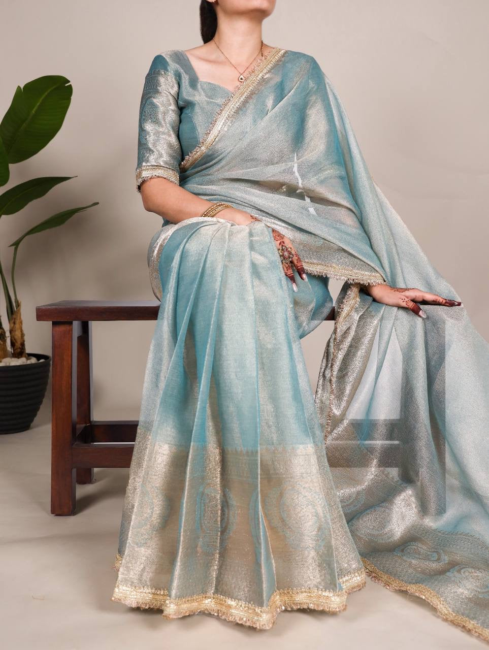 VANDANA — Shimmer Tissue Saree x Gold Lace Border