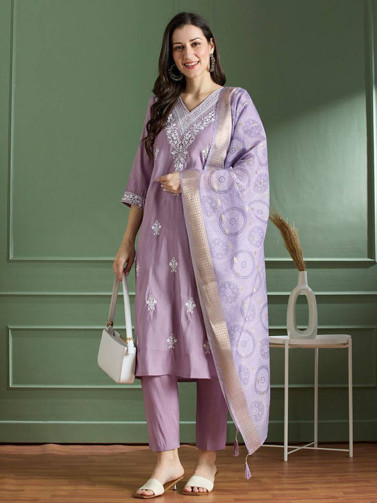 Laksharaa Sarees Lilac Comfy Roman Silk Kurti Set Model View