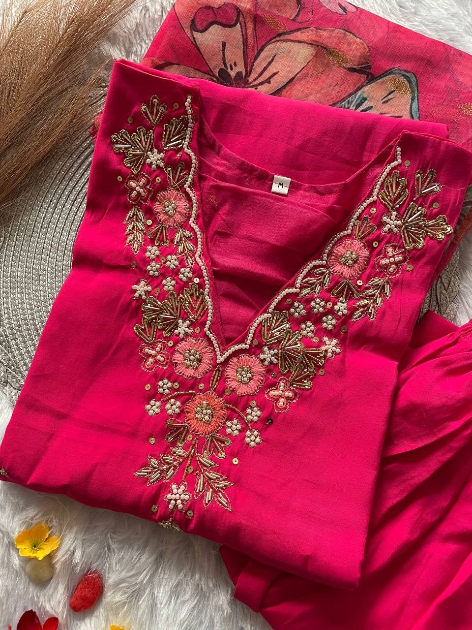 Rani Pink Floral Kurti Set