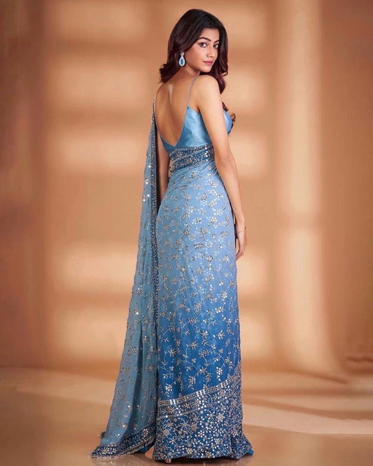 Blue x Floral Ombré Georgette saree