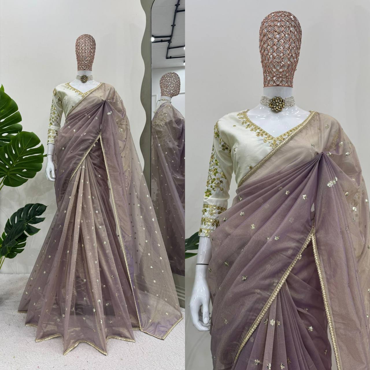 ROSHANA - Shimmer Georgette Net Saree x Readymade White Blouse