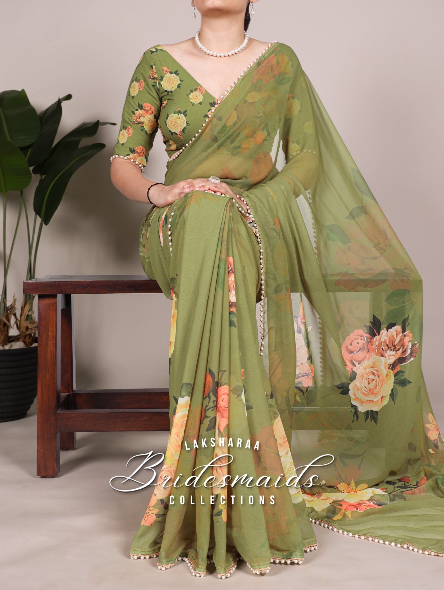 Partywear Floral Pearl Georgette Saree x Pearl Border