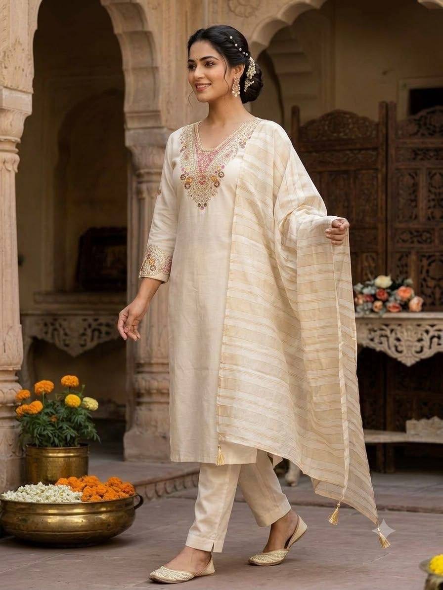 Laksharaa Sarees Embroidered Kurta Set Off-White Walking Pose