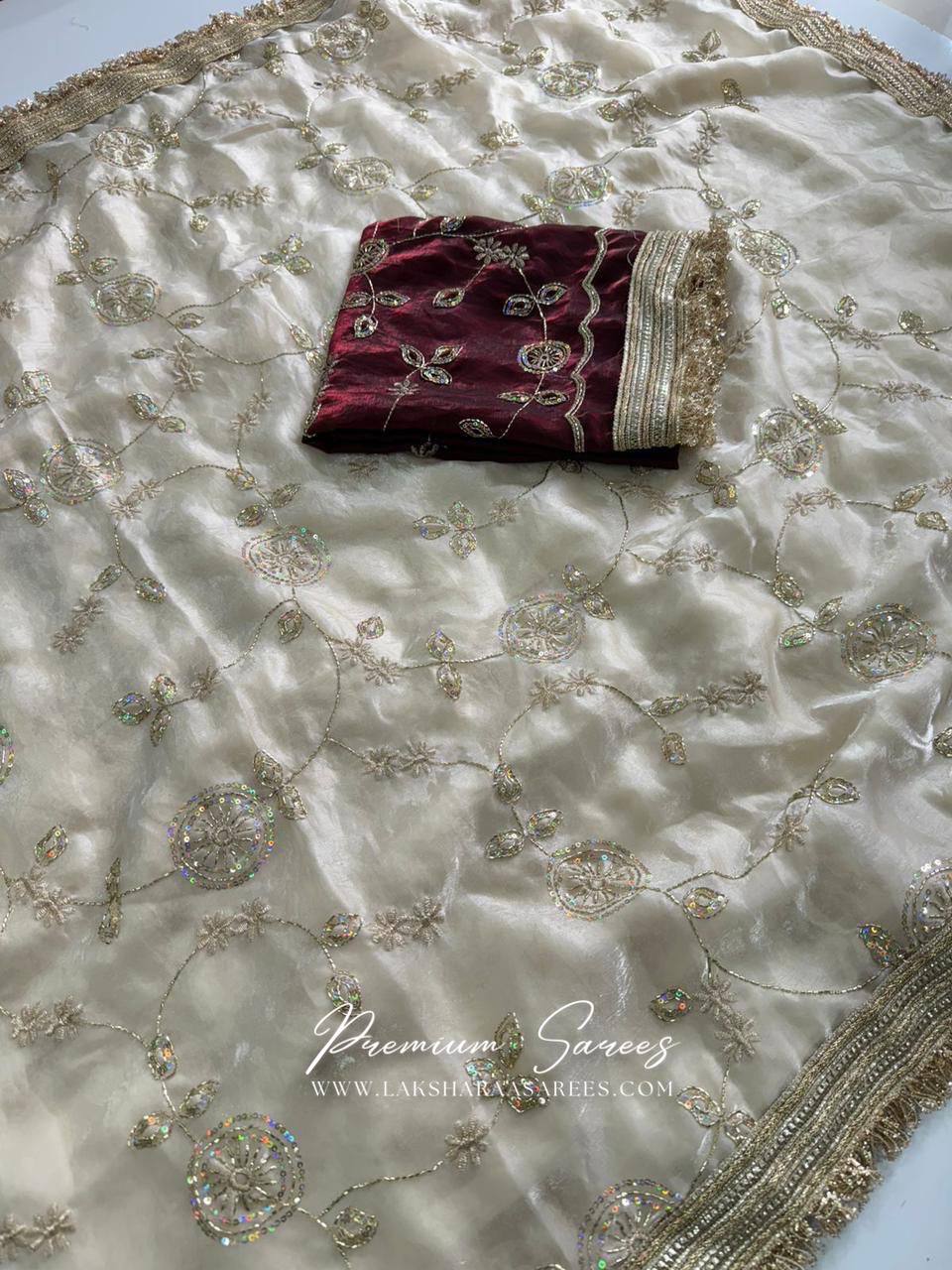 Laksharaa Sarees Shimmer Silk Saree with contrast blouse Off-White Flat Lay