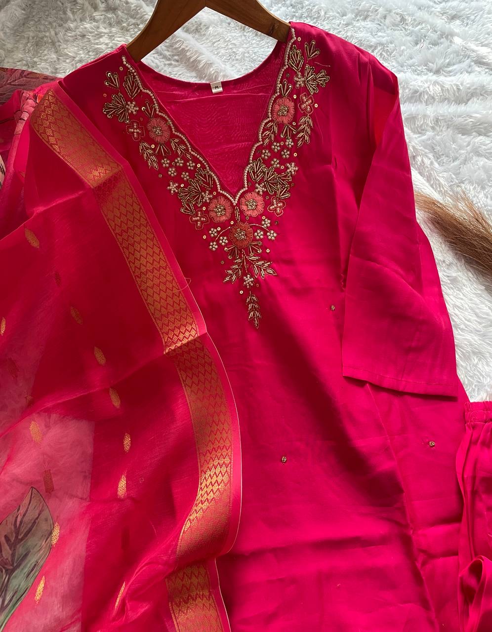 Rani Pink Floral Kurti Set