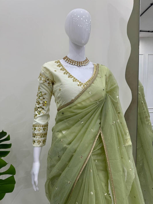 ROSHANA - Shimmer Georgette Net Saree x Readymade White Blouse