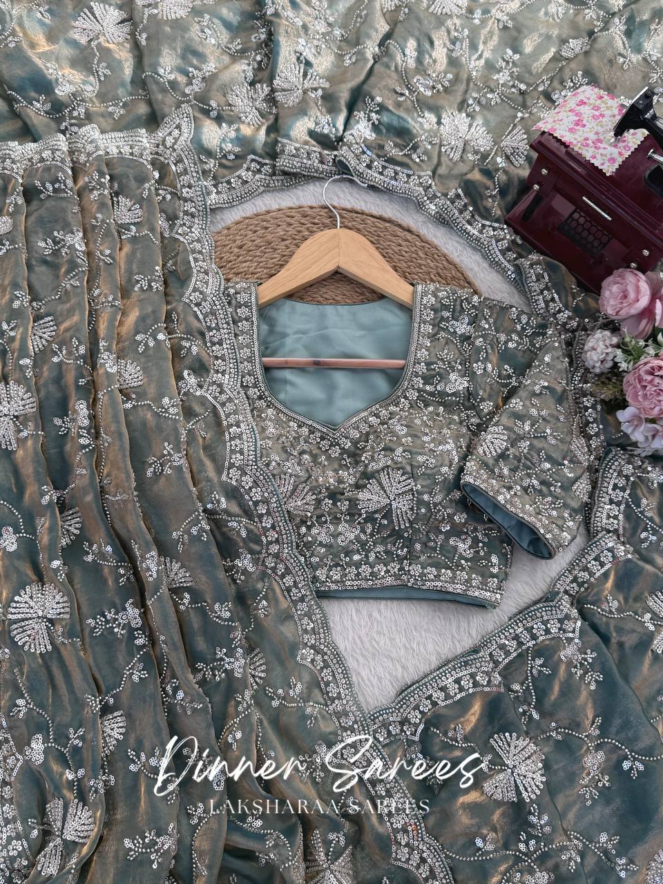 Laksharaa Sarees MERLIN Grey Shimmer Partywear Saree with sequin work and unstitched blouse, flat lay with accessories