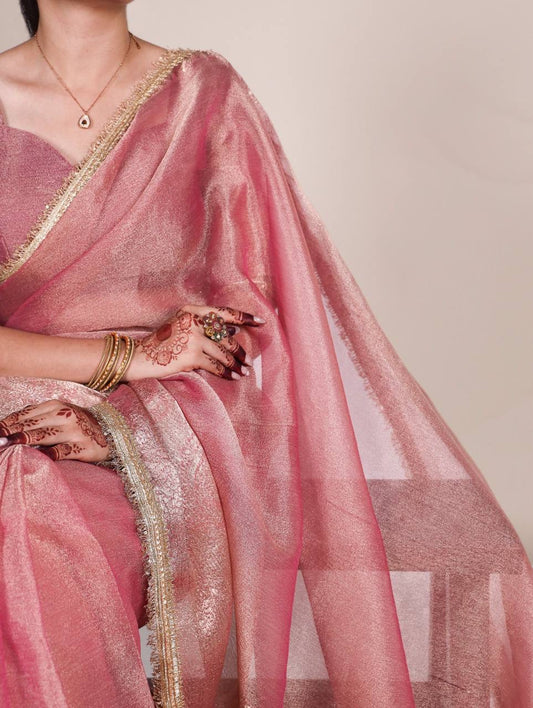 VANDANA — Shimmer Tissue Saree x Gold Lace Border