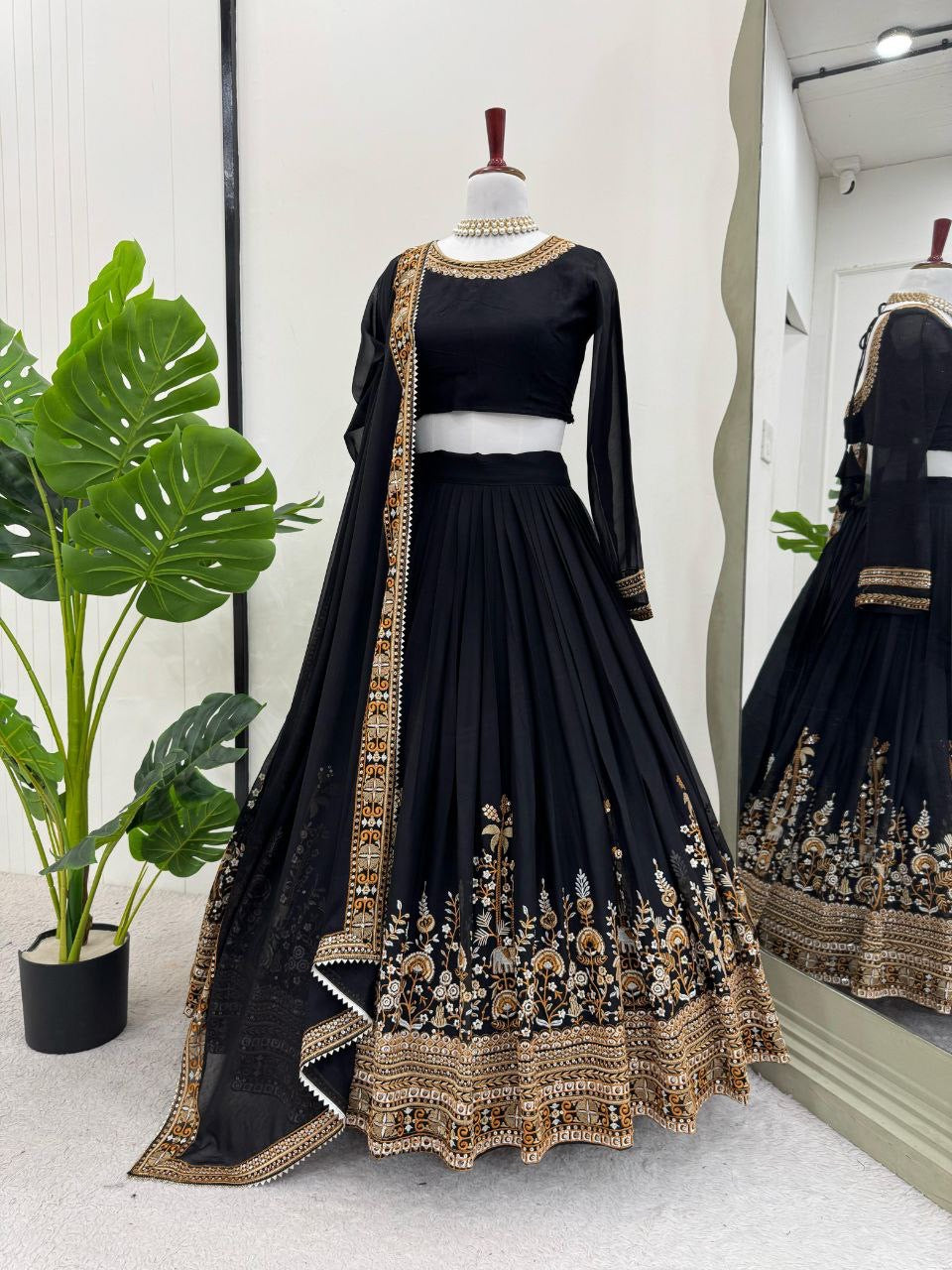 DANIA — Black x Gold Georgette Lehenga