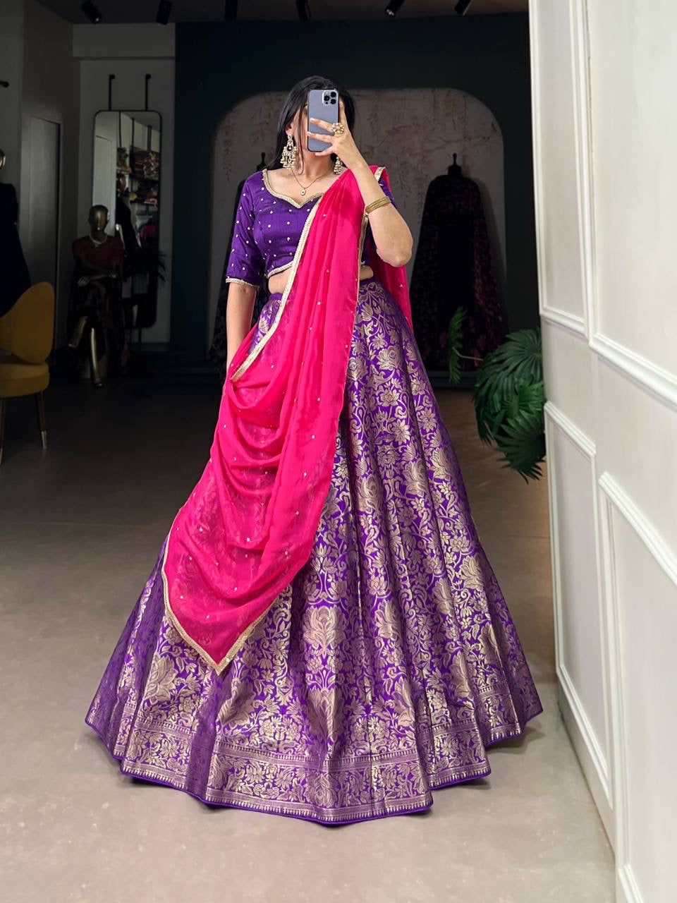 Purple x Pink Banarasi Half Sarees Lehenga
