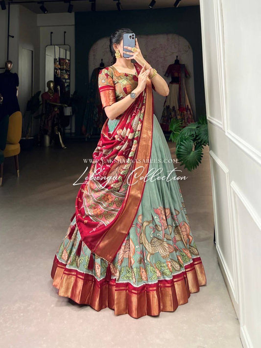 Laksharaa Sarees URVI - Kalamkari Half Sarees Lehenga Sage Green