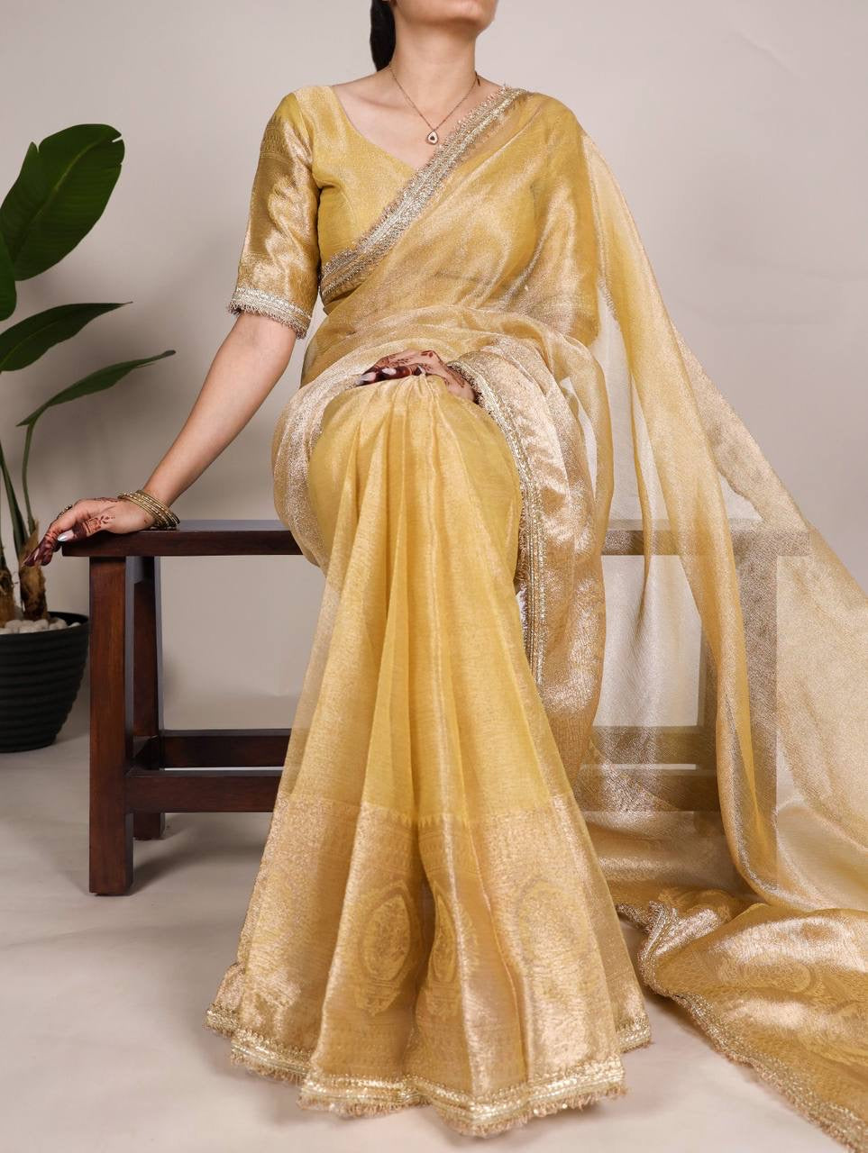 VANDANA — Shimmer Tissue Saree x Gold Lace Border