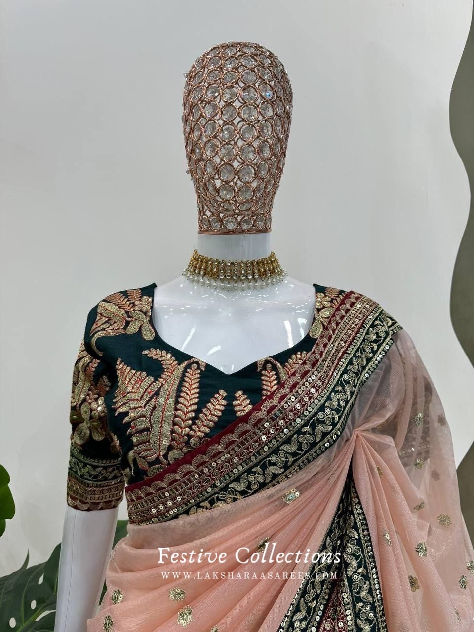 SAKSHII - Peach Partywear Shimmer Net Saree x Green Designer Blouse