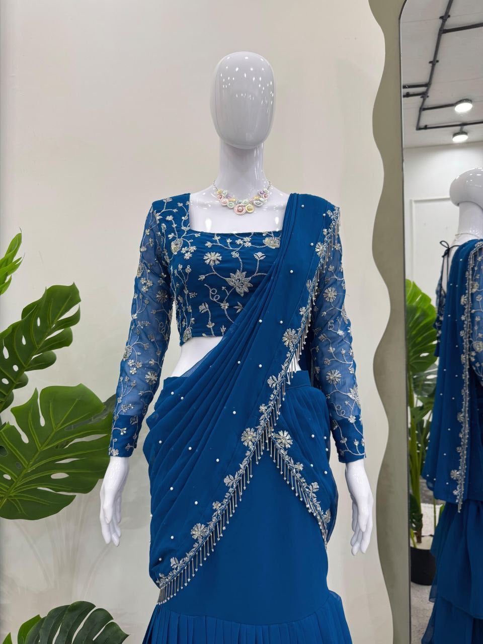 TANIYA — Blue Ruffle Saree Lehenga