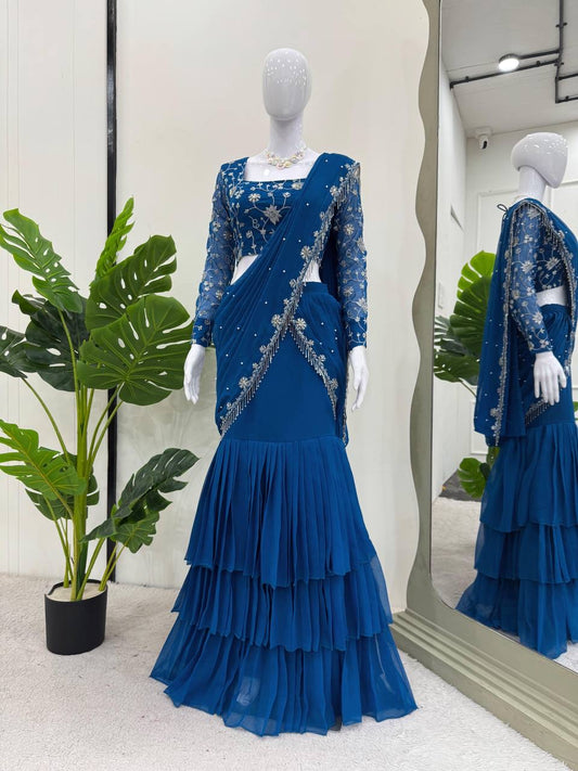 TANIYA — Blue Ruffle Saree Lehenga