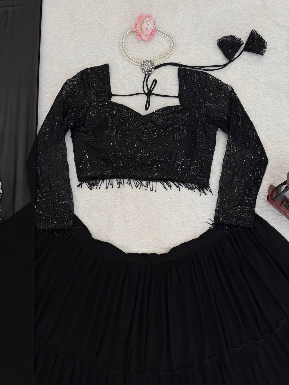 Laksharaa Sarees Black RUFFLE Georgette Lehenga Flat Lay Blouse Detail