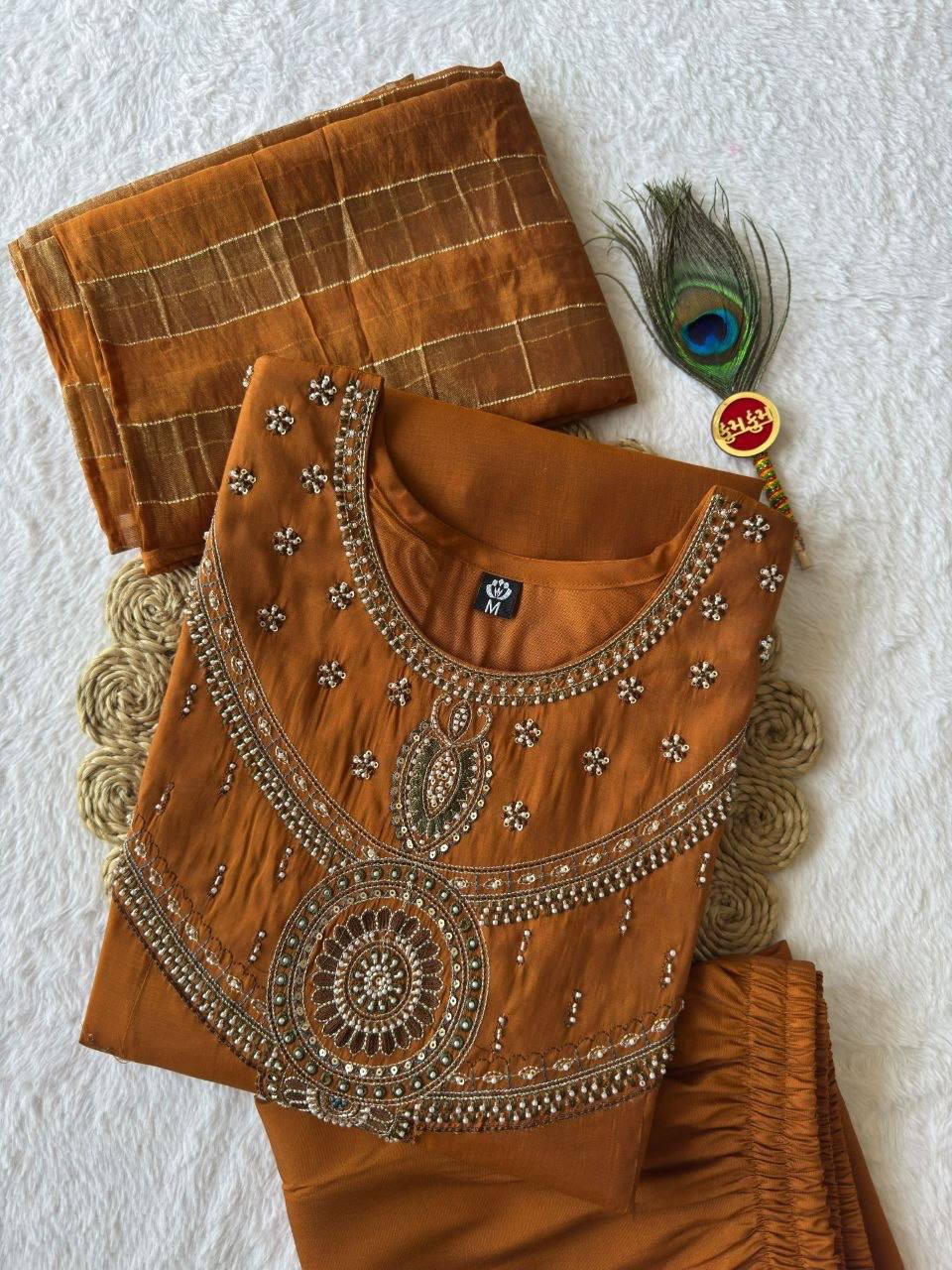 Laksharaa Sarees Festive Chanderi Cotton Kurti Set Burnt Orange Folded Top View