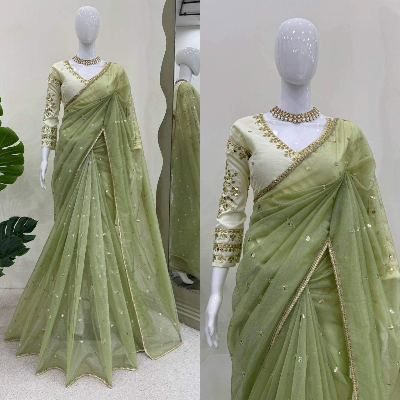 ROSHANA - Shimmer Georgette Net Saree x Readymade White Blouse