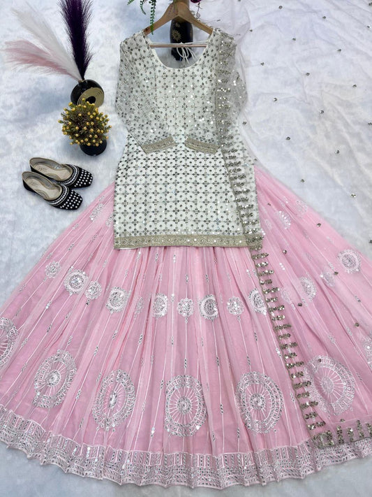 DEEPIKA — Pink x White Lehenga with Top Fusion ( fully stitched)