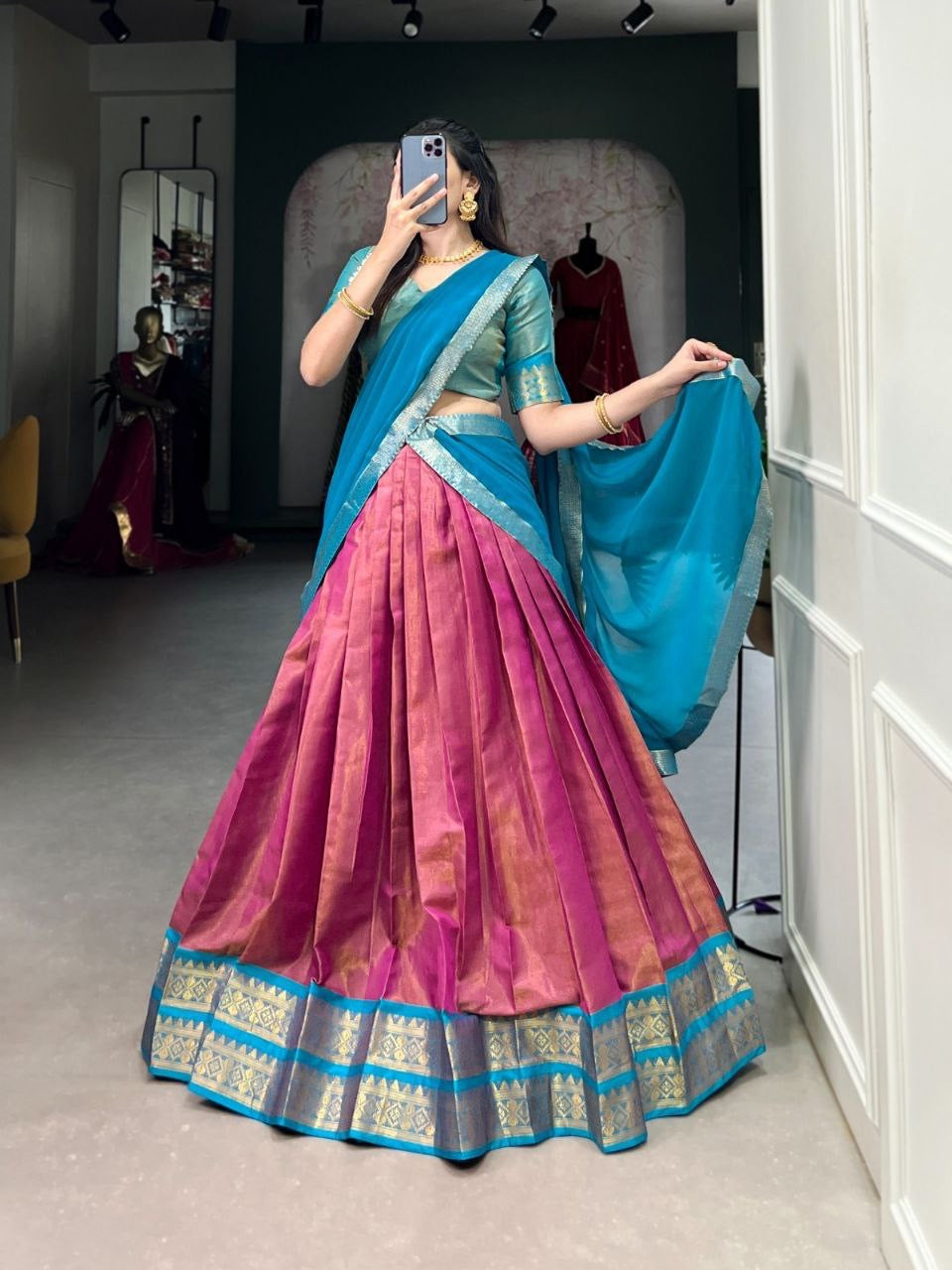 DIVYAA - Kanchi Cotton Silk Half Saree Lehenga