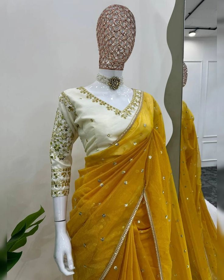ROSHANA - Shimmer Georgette Net Saree x Readymade White Blouse