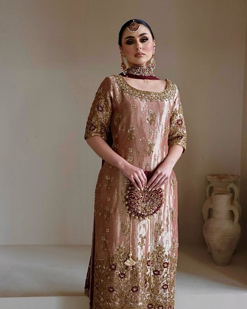 ARISAA - Rose Gold x Maroon Pakistani suit