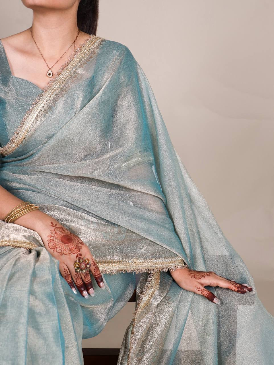 VANDANA — Shimmer Tissue Saree x Gold Lace Border