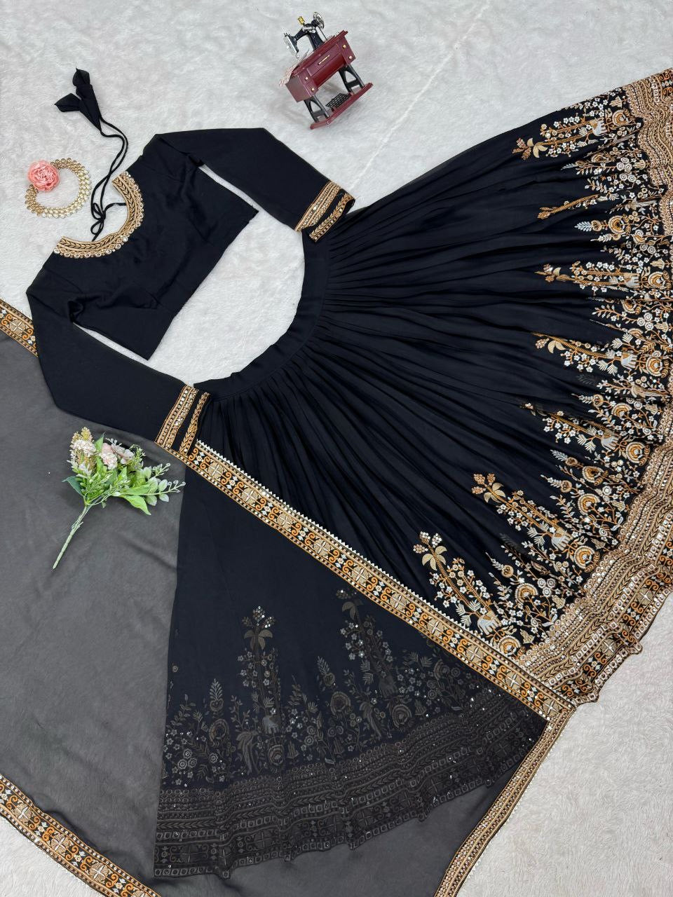DANIA — Black x Gold Georgette Lehenga