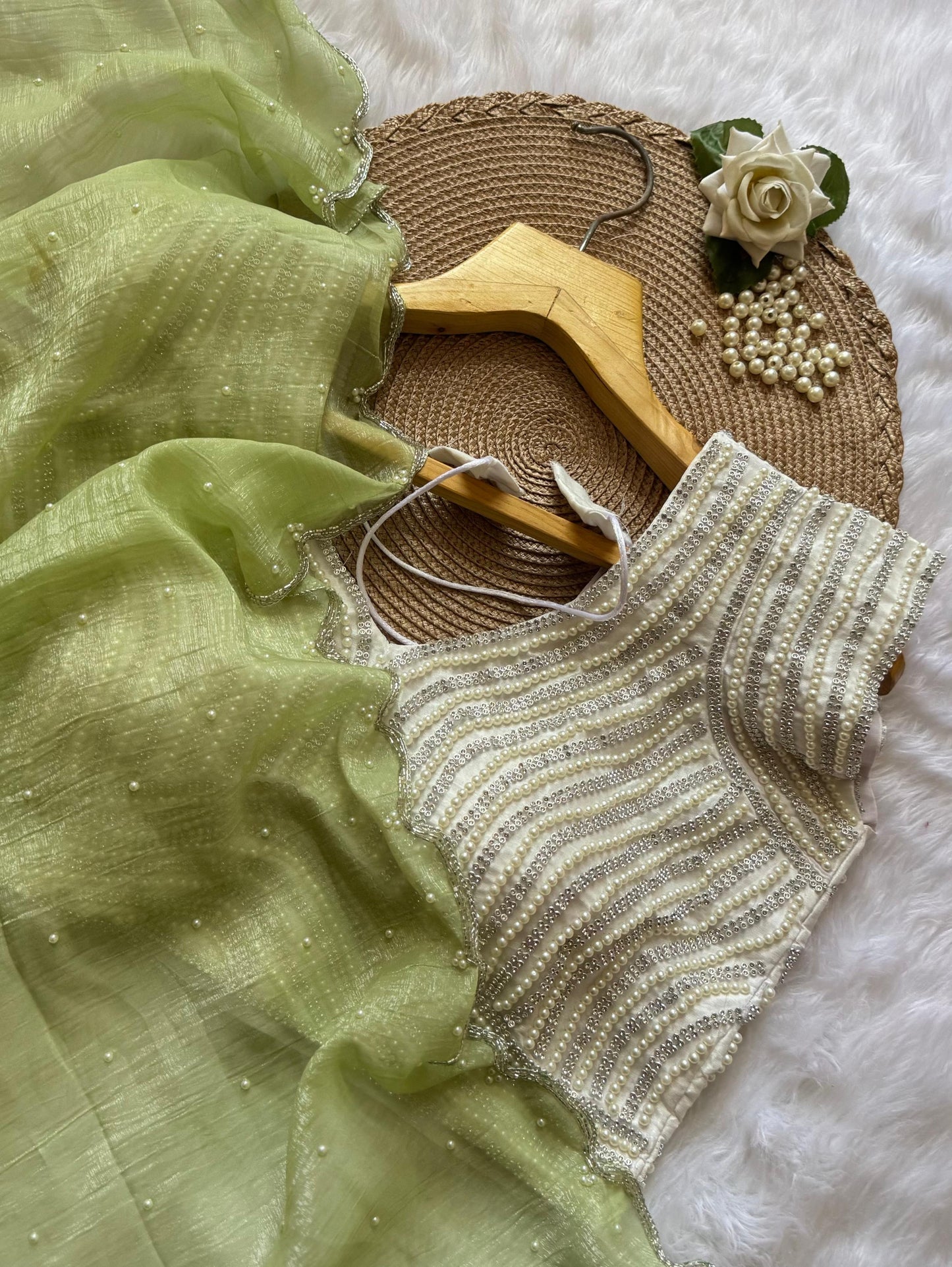 LAILA 2.0 - Crush Georgette Saree x Pearl Designer Readymade Blouse ( fully beads saree)