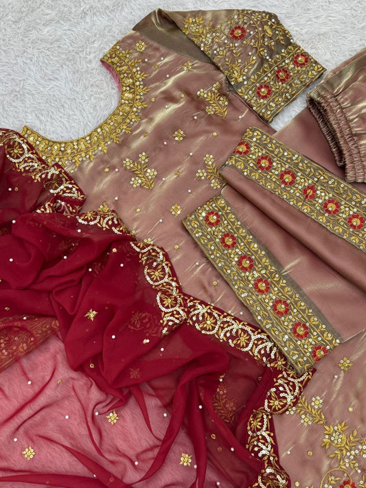 ARISAA - Rose Gold x Maroon Pakistani suit