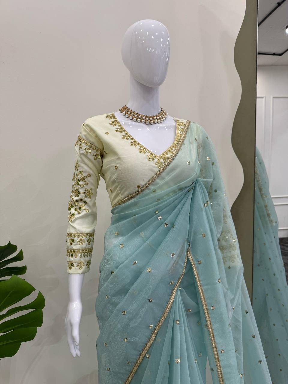 ROSHANA - Shimmer Georgette Net Saree x Readymade White Blouse
