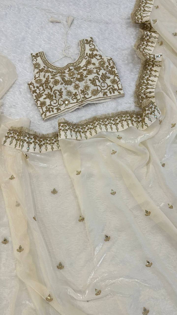 House of Kurtas Cream Georgette Dinner Saree with gold embroidery