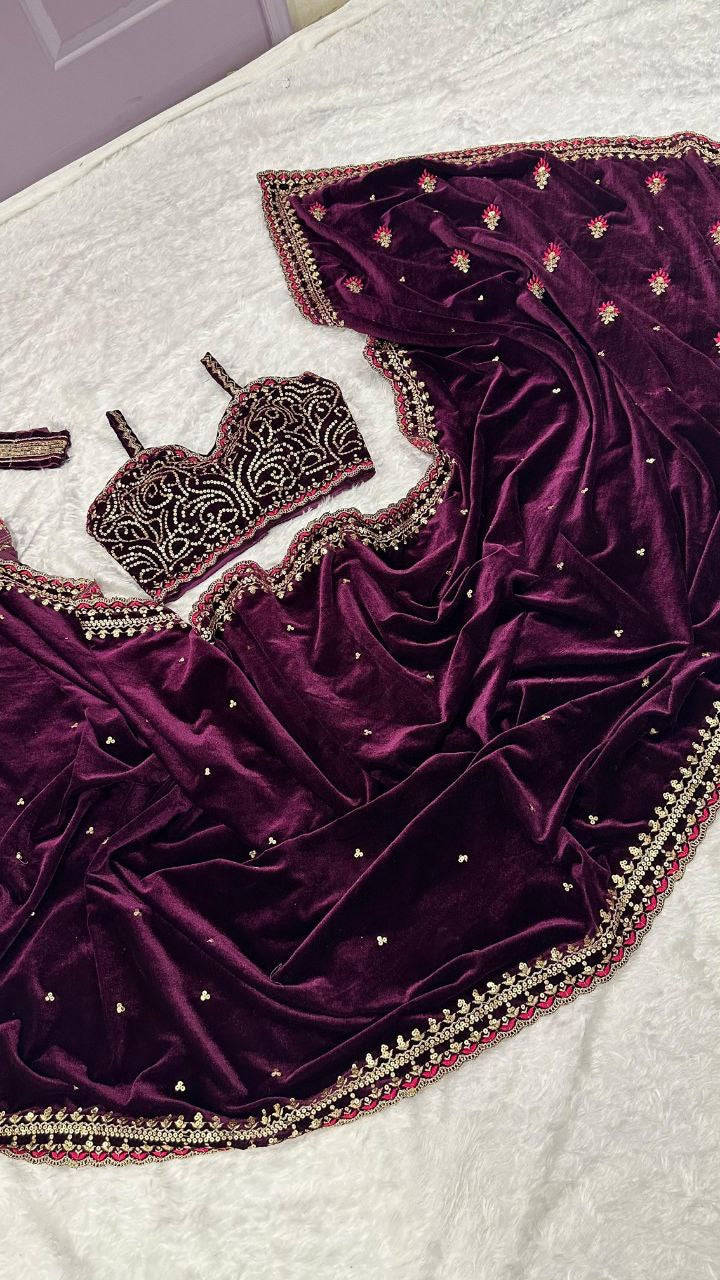 ADRIANA - Designer Purple Velvet Partywear Saree x Designer Blouse